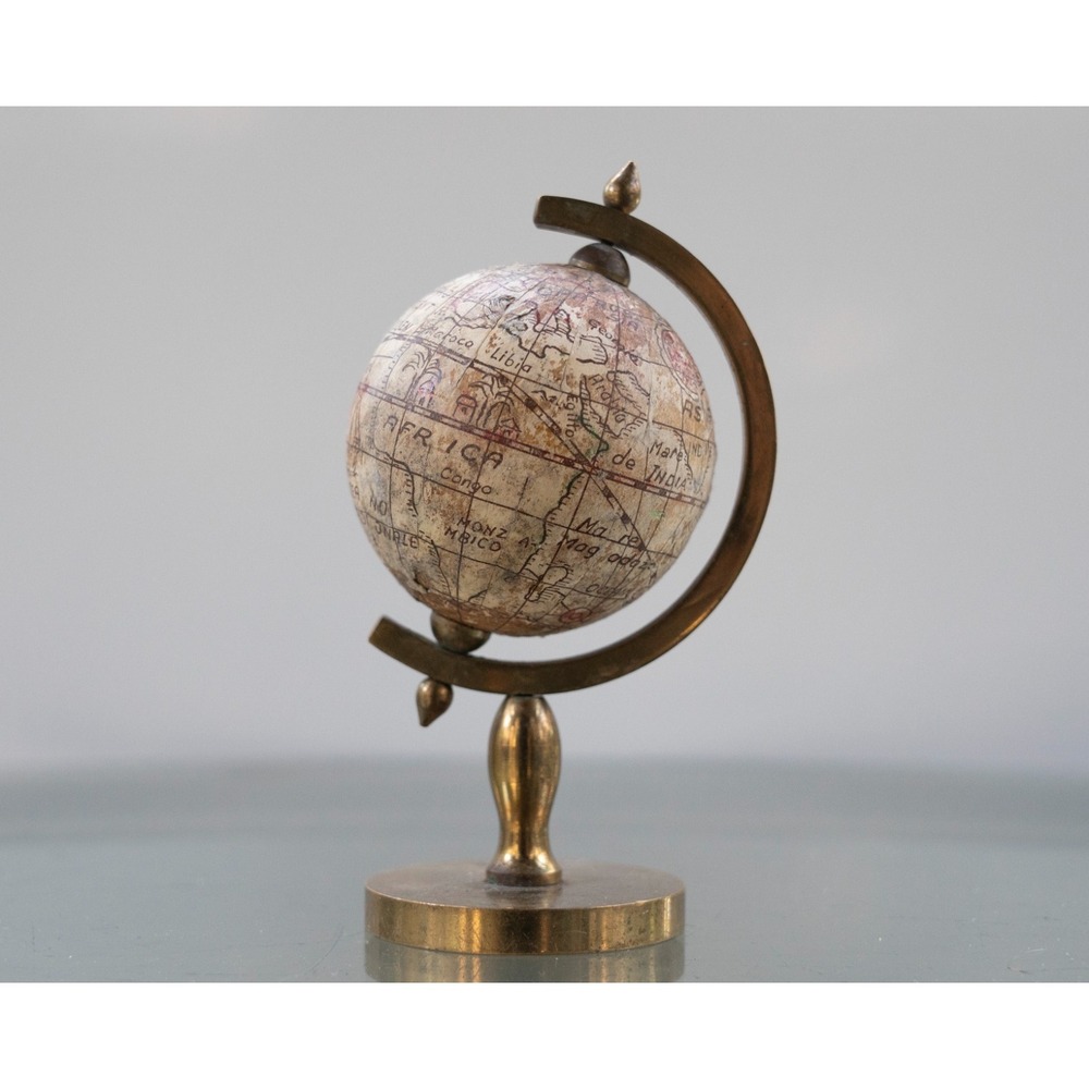 Vintage Globe Olde World Wood Mini‎ 5" Paperweight Brass Stand Rotating